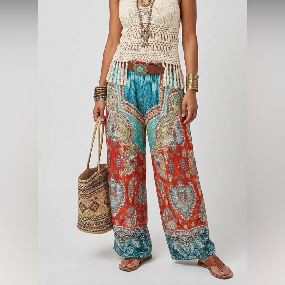 Boho Wide Leg Paisley Print Pants - Multi